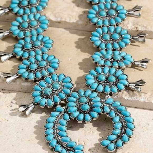 New Full Squash Blossom Natural Turquoise Stone Silver Western Necklace - Picture 5 of 6